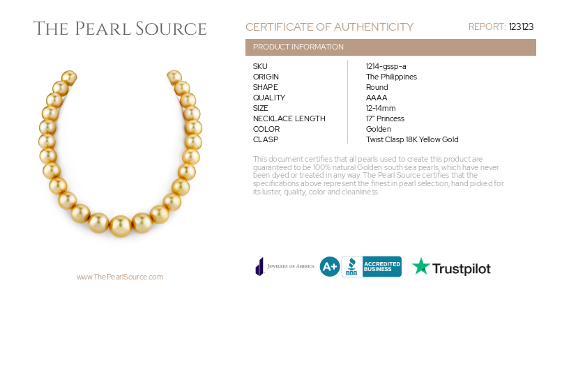 12-14mm Golden South Sea Pearl Necklace - AAAA Quality-Certificate