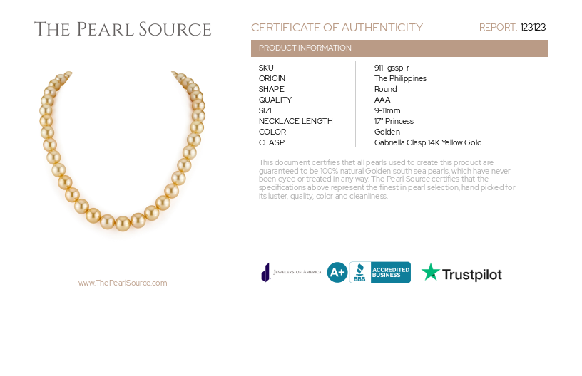 9-11mm Golden South Sea Pearl Necklace - AAA Quality-Certificate