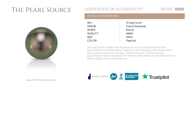 13.5mm Tahitian South Sea Peacock Pearl - PSL Certified-Certificate