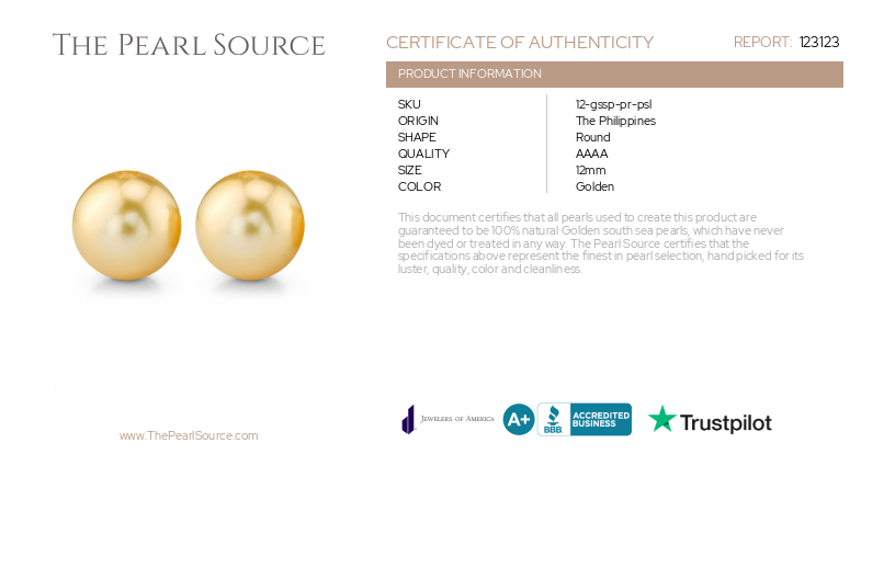 12mm Golden South Sea Loose Pair - PSL Certified-Certificate