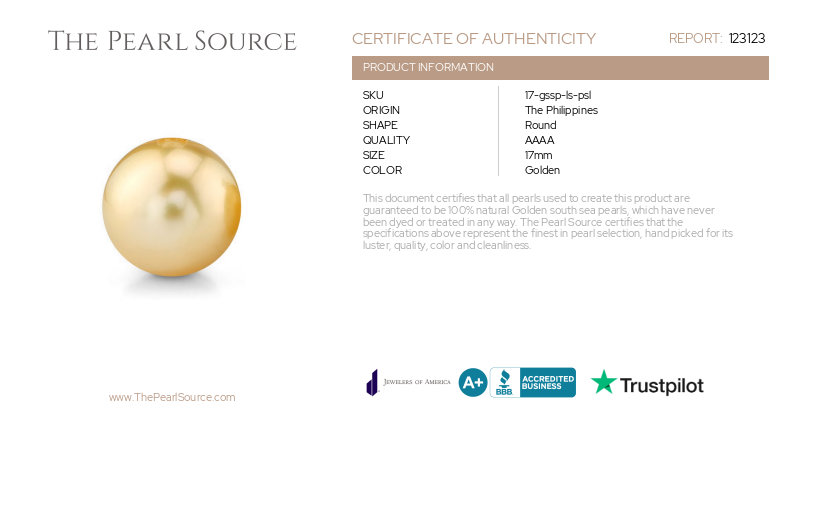 17mm Golden South Sea Loose Pearl - PSL Certified-Certificate