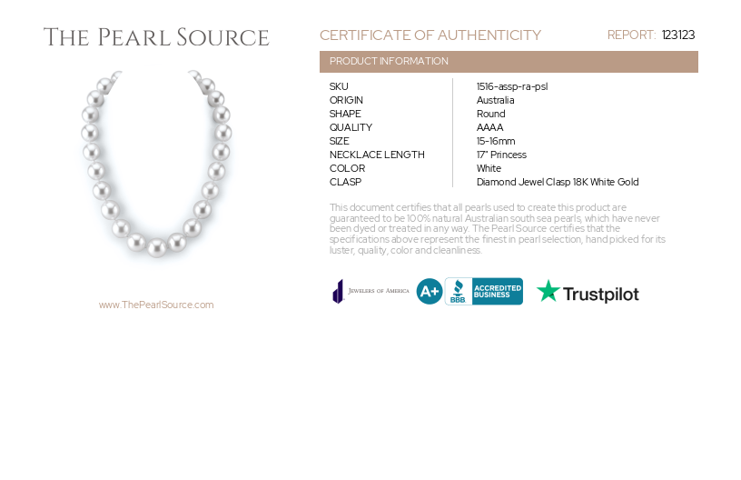 15-16.9mm Round White South Sea Pearl Necklace - PSL Certified-Certificate