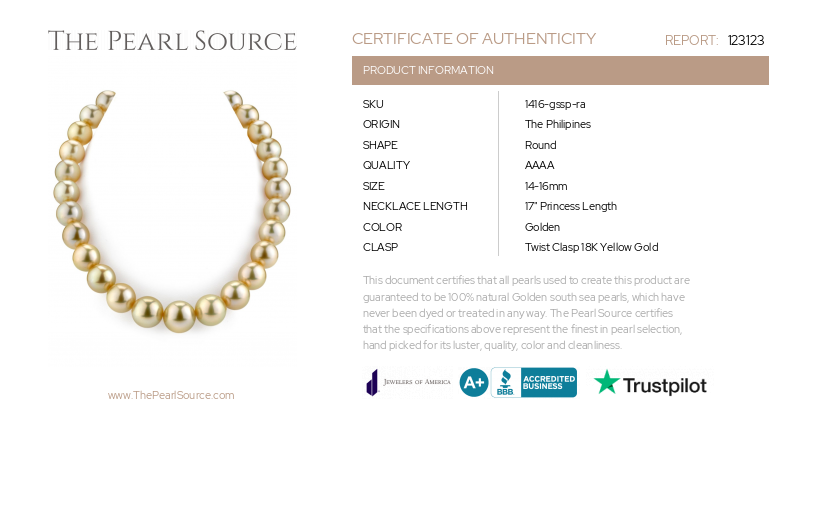 14-16mm Golden South Sea Pearl Necklace - AAAA Quality-Certificate