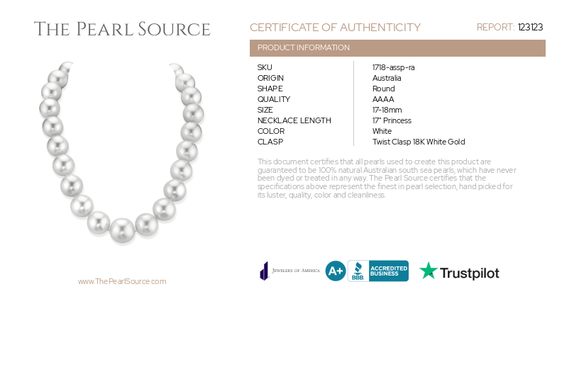 17-18mm White South Sea Pearl Necklace - AAAA Quality-Certificate