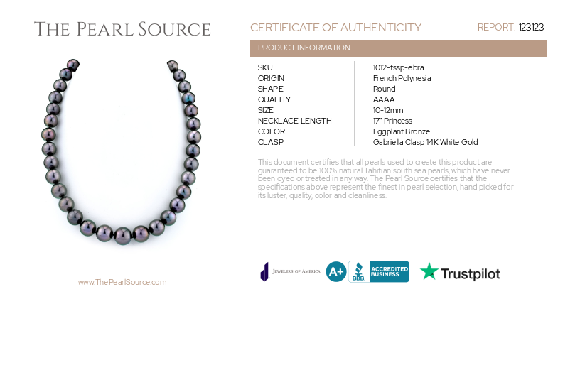 10-12mm Eggplant Tahitian South Sea Pearl Necklace - AAAA Quality-Certificate