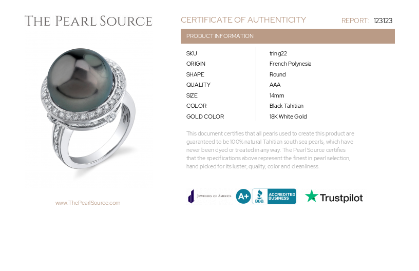 Tahitian South Sea Pearl & Diamond Bella Ring-Certificate
