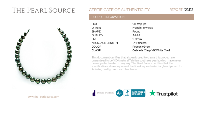 9-11mm Peacock Tahitian South Sea Pearl Necklace - AAAA Quality-Certificate