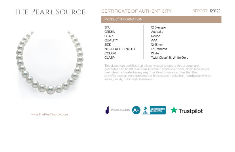 12-15mm White South Sea Pearl Necklace - AAA Quality-Certificate