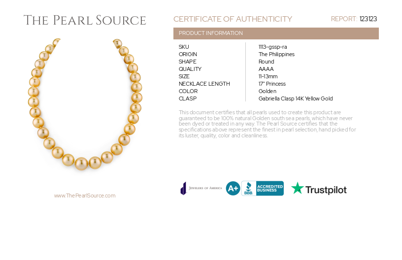11-13mm Golden South Sea Pearl Necklace - AAAA Quality-Certificate