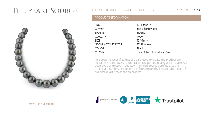 12-14mm Dark Round Tahitian South Sea Pearl Necklace - AAA Quality-Certificate