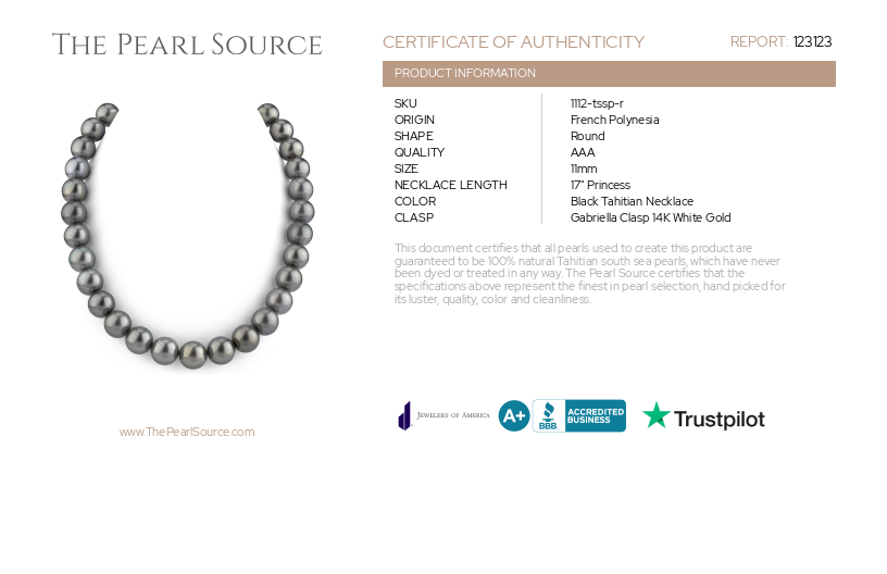 11-12mm Tahitian South Sea Pearl Necklace - AAA Quality-Certificate
