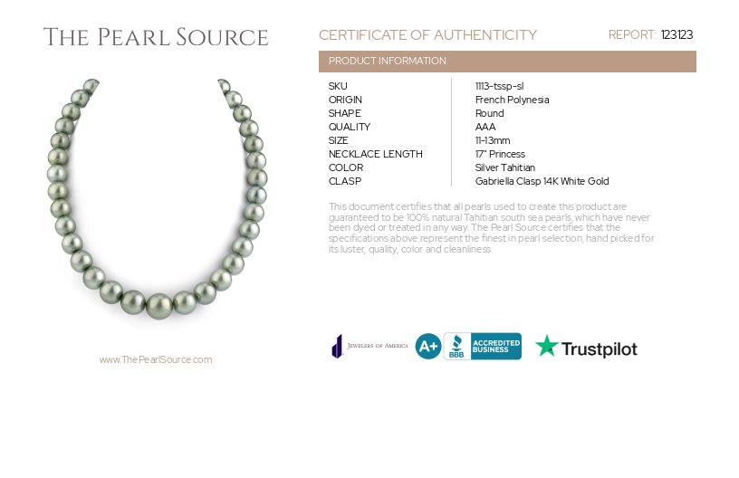 11-13mm Silver Tahitian South Sea Pearl Necklace - AAA Quality-Certificate