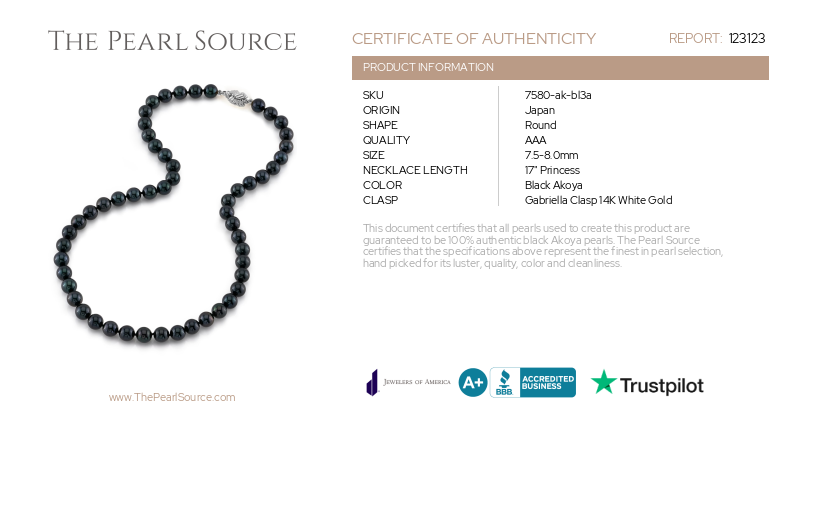 7.5-8.0mm Japanese Akoya Black Pearl Necklace - AAA Quality-Certificate