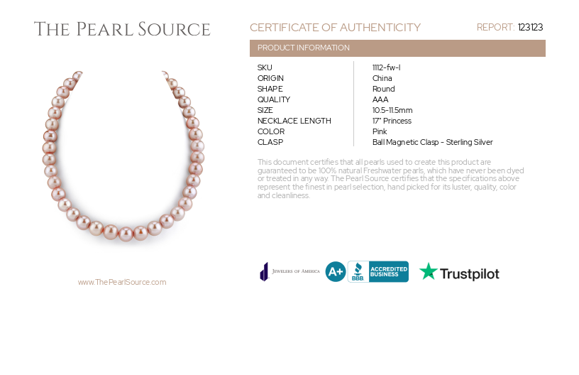 10.5-11.5mm Pink Freshwater Pearl Necklace - AAA Quality-Certificate