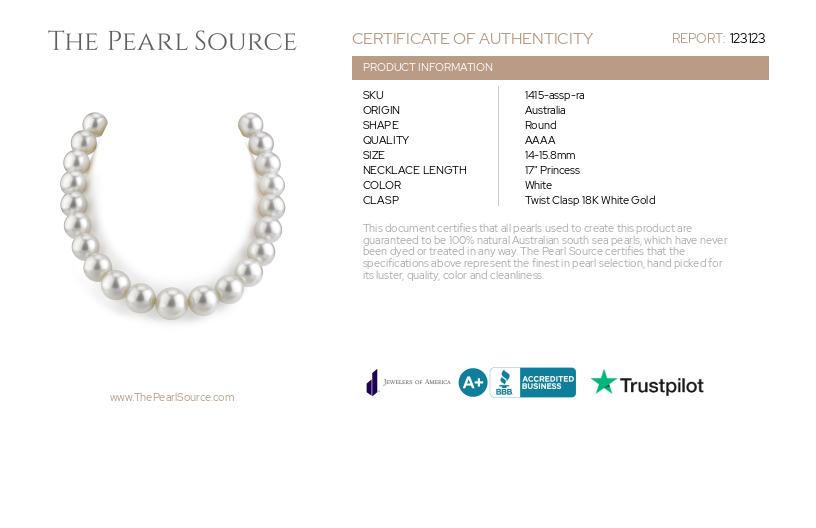 14-15.8mm White South Sea Pearl Necklace - AAAA Quality-Certificate