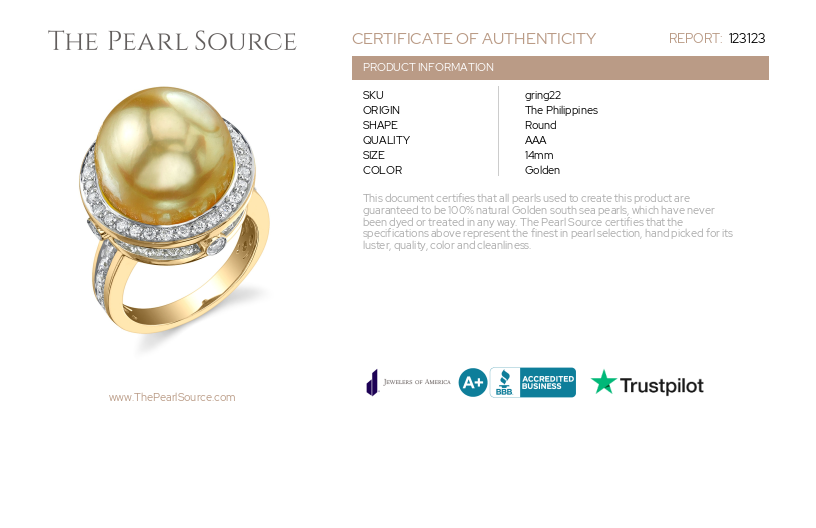Golden Pearl & Diamond Bella Ring-Certificate
