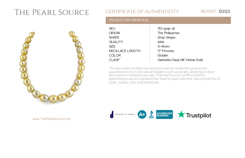 11-14mm Drop-Shape Golden South Sea Pearl Necklace - AAA Quality-Certificate