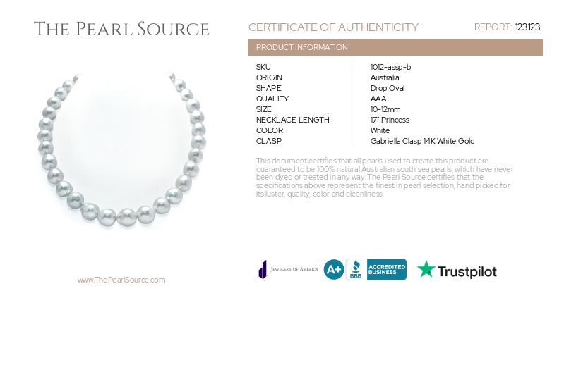 10-12mm White South Sea Drop Oval Pearl Necklace - AAA Quality-Certificate
