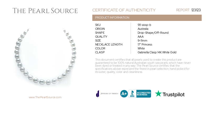 9-11mm White South Sea Drop Shape Pearl Necklace - AAA Quality-Certificate
