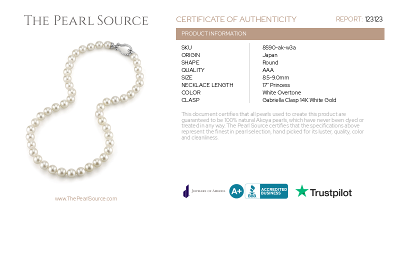 8.5-9.0mm Japanese Akoya White Pearl Necklace- AAA Quality-Certificate