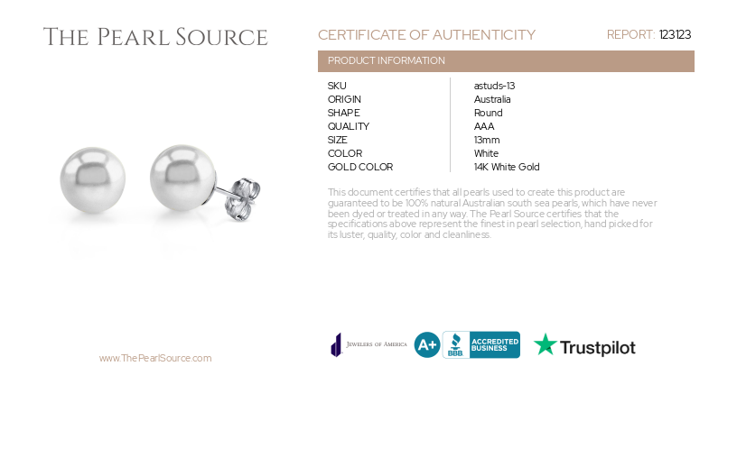 13mm South Sea Round Pearl Stud Earrings-Certificate