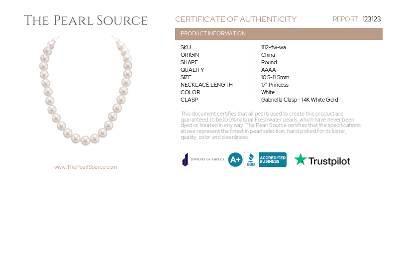 10.5-11.5mm White Freshwater Pearl Necklace- AAAA Quality-Certificate